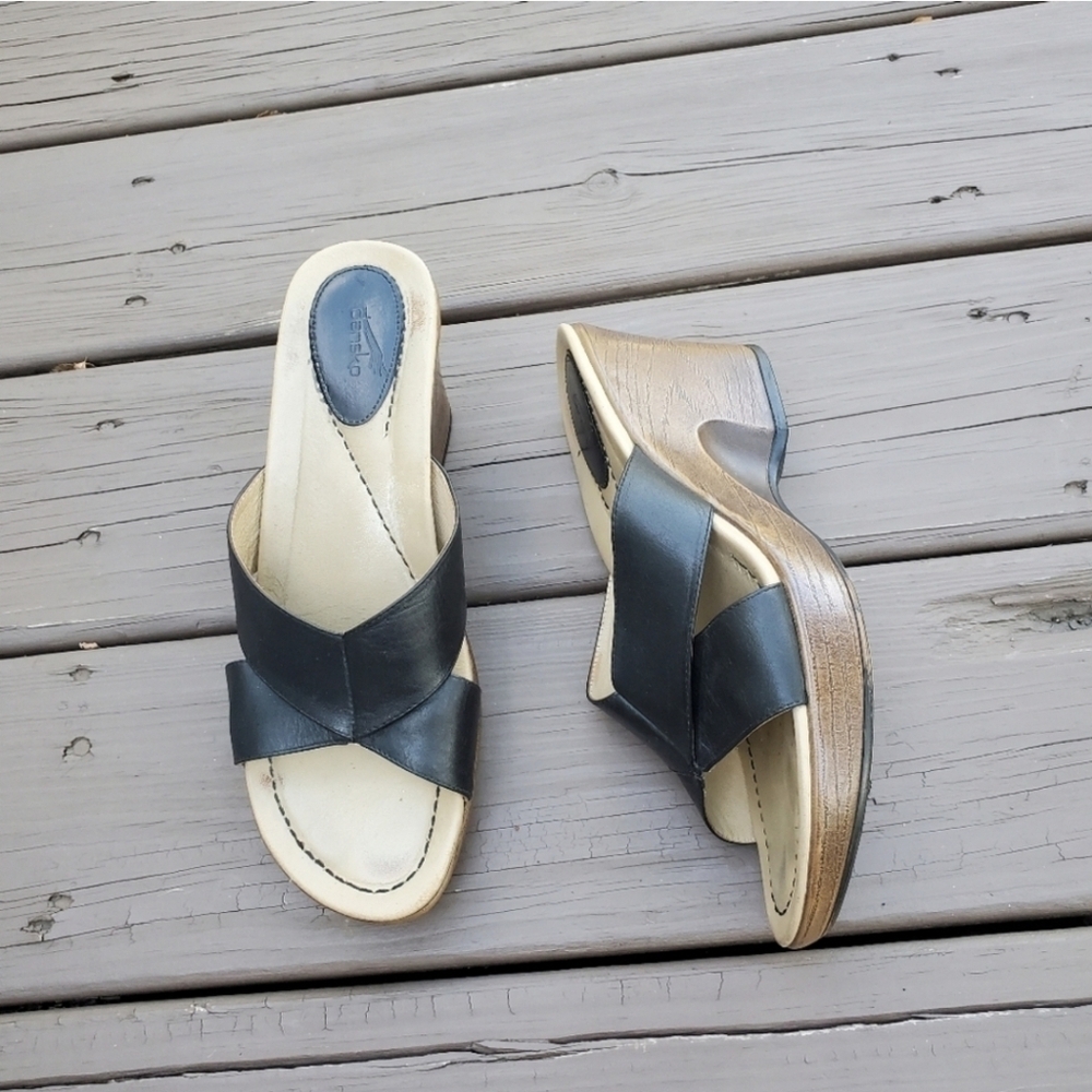 Dansko‎ Professional Necci Black Leather Criss Cross Wrap Strappy Wedge Sandals